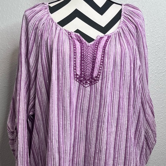 Catherine's Boho Embroidered Cotton Metallic Striped 3/4 Sleeve Sz 3X Blouse - Picture 4 of 12